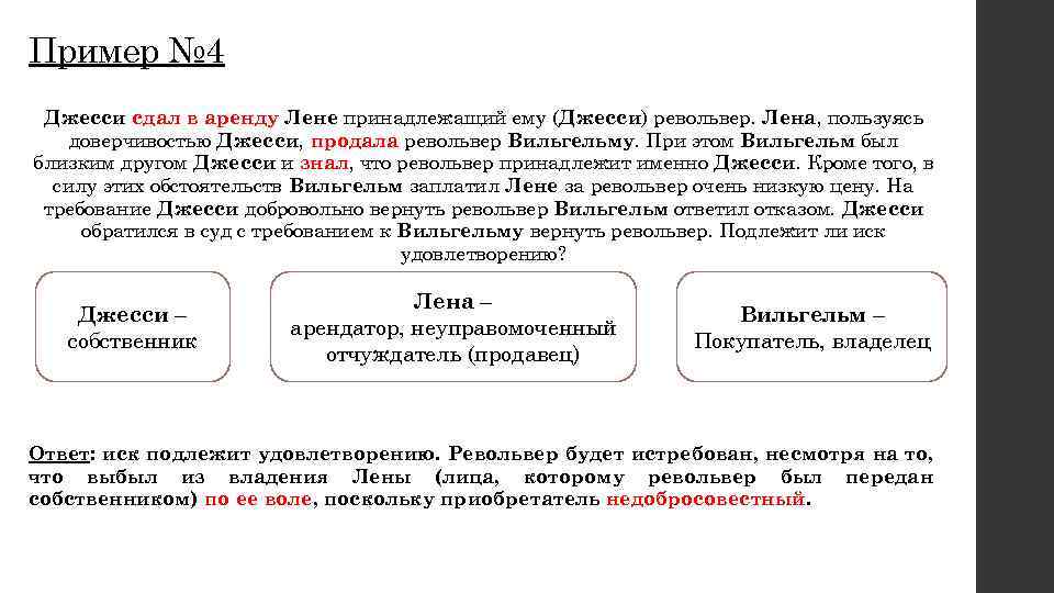 Пример № 4 Джесси сдал в аренду Лене принадлежащий ему (Джесси) револьвер. Лена, пользуясь