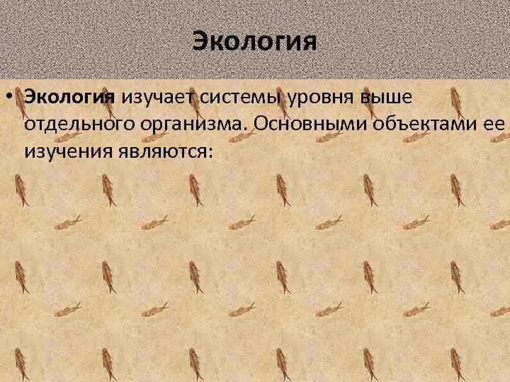 Экология • Экология изучает системы уровня выше отдельного организма. Основными объектами ее изучения являются: