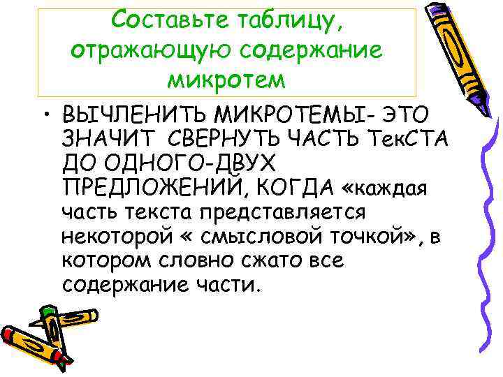 Составьте таблицу, отражающую содержание микротем • ВЫЧЛЕНИТЬ МИКРОТЕМЫ- ЭТО ЗНАЧИТ СВЕРНУТЬ ЧАСТЬ Тек. СТА