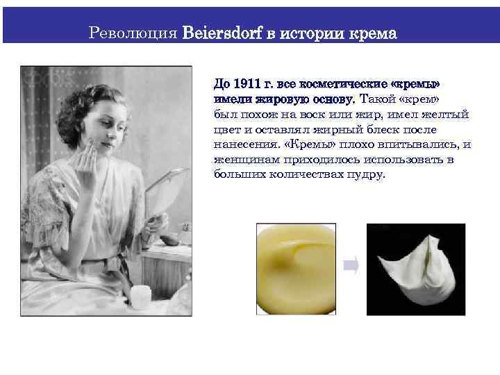 Революция Beiersdorf в истории крема До 1911 г. все косметические «кремы» имели жировую основу.