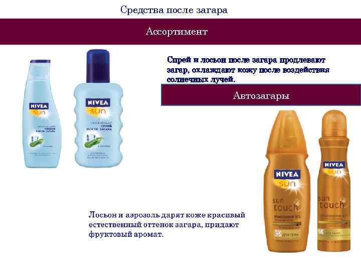 Средства после загара Ассортимент Спрей и лосьон после загара продлевают загар, охлаждают кожу после