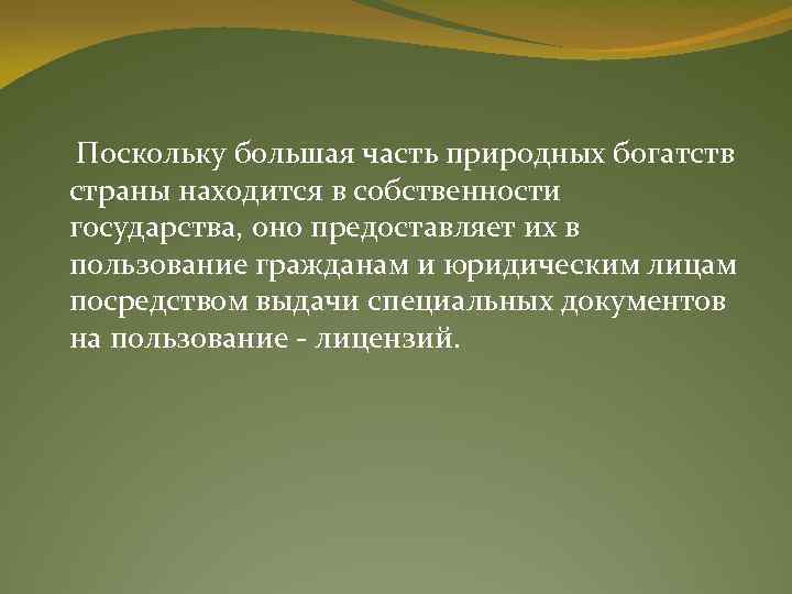  Поскольку большая часть природных богатств страны находится в собственности государства, оно предоставляет их