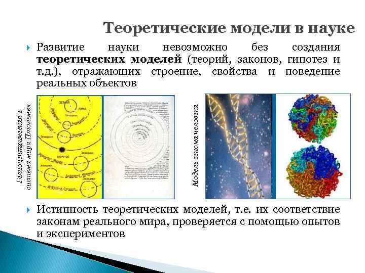 Теоретические модели в науке Развитие науки невозможно без создания теоретических моделей (теорий, законов, гипотез