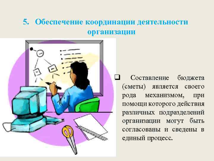 5. Обеспечение координации деятельности организации q Составление бюджета (сметы) является своего рода механизмом, при