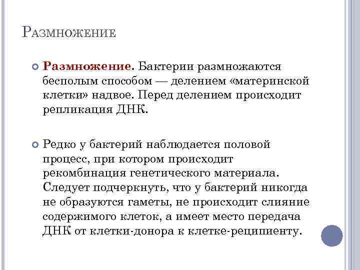 РАЗМНОЖЕНИЕ Размножение. Бактерии размножаются бесполым способом — делением «материнской клетки» надвое. Перед делением происходит