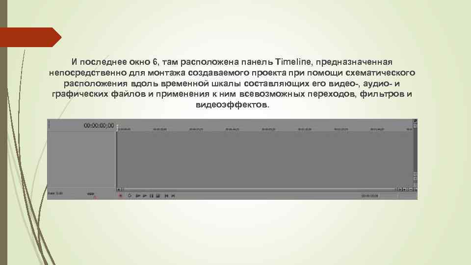 И последнее окно 6, там расположена панель Timeline, предназначенная непосредственно для монтажа создаваемого проекта