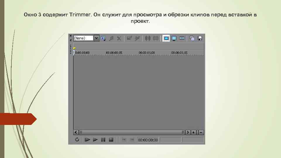 Окно 3 содержит Trimmer. Он служит для просмотра и обрезки клипов перед вставкой в