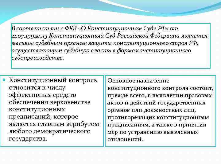 В соответствии с ФКЗ «О Конституционном Суде РФ» от 21. 07. 1994 г. ,