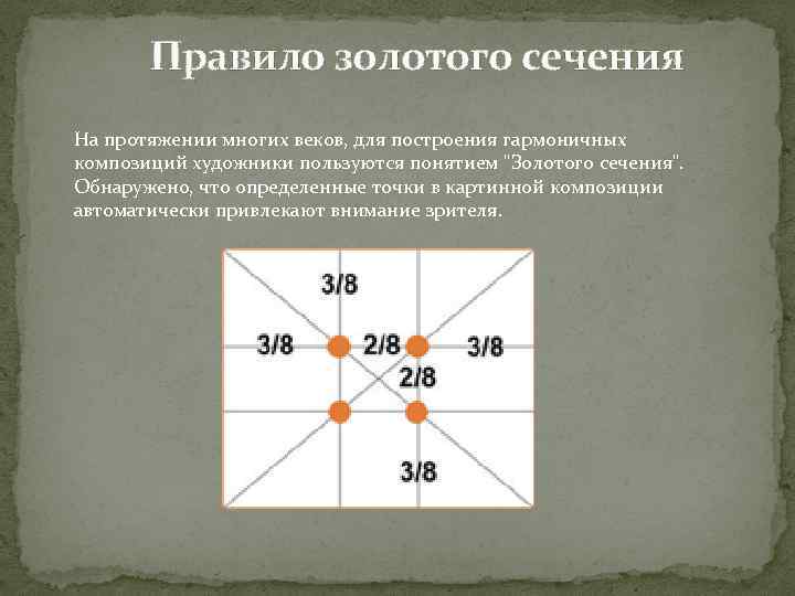 Правило золотого сечения На протяжении многих веков, для построения гармоничных композиций художники пользуются понятием