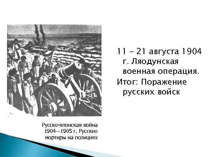 11 – 21 августа 1904 г. Ляодунская военная операция. Итог: Поражение русских войск Русско-японская