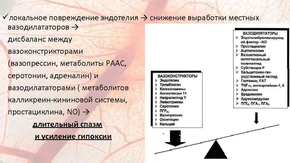 üлокальное повреждение эндотелия → снижение выработки местных вазодилататоров → дисбаланс между вазоконстрикторами (вазопрессин, метаболиты