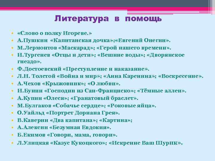 Литература в помощь • • • • «Слово о полку Игореве. » А. Пушкин