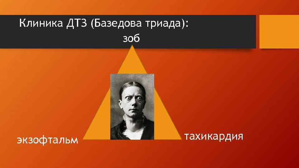 Клиника ДТЗ (Базедова триада): зоб экзофтальм тахикардия 