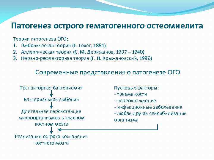 Патогенез острого гематогенного остеомиелита Теории патогенеза ОГО: 1. Эмболическая теория (E. Lexer, 1884) 2.