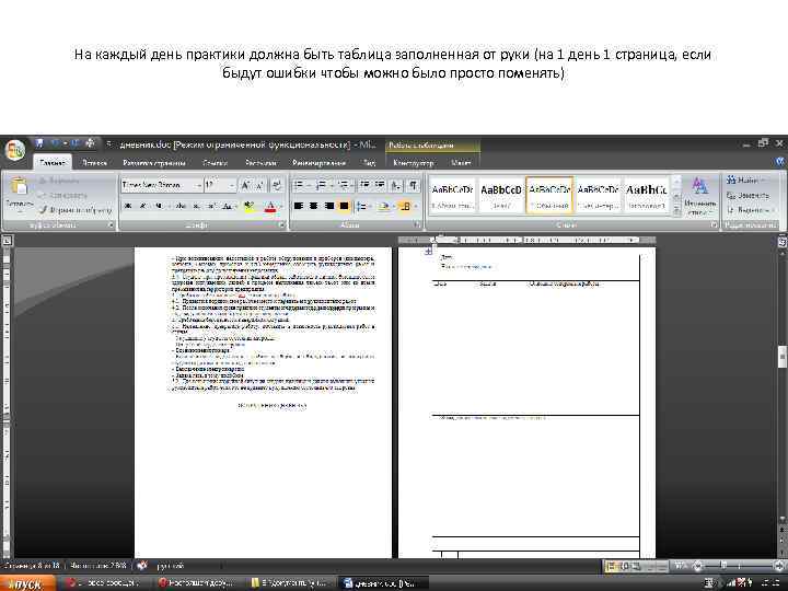На каждый день практики должна быть таблица заполненная от руки (на 1 день 1