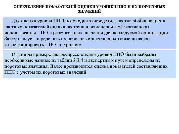 ОПРЕДЕЛЕНИЕ ПОКАЗАТЕЛЕЙ ОЦЕНКИ УРОВНЕЙ ППО И ИХ ПОРОГОВЫХ ЗНАЧЕНИЙ Для оценки уровня ППО необходимо