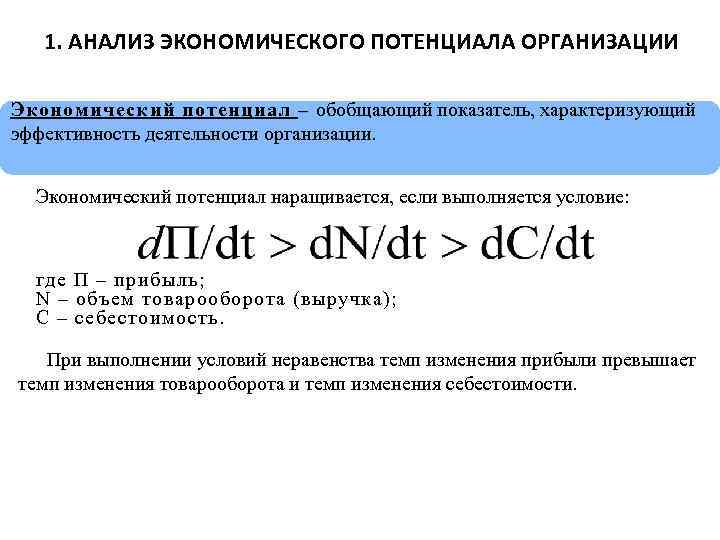 1. АНАЛИЗ ЭКОНОМИЧЕСКОГО ПОТЕНЦИАЛА ОРГАНИЗАЦИИ Экономический потенциал – обобщающий показатель, характеризующий эффективность деятельности организации.