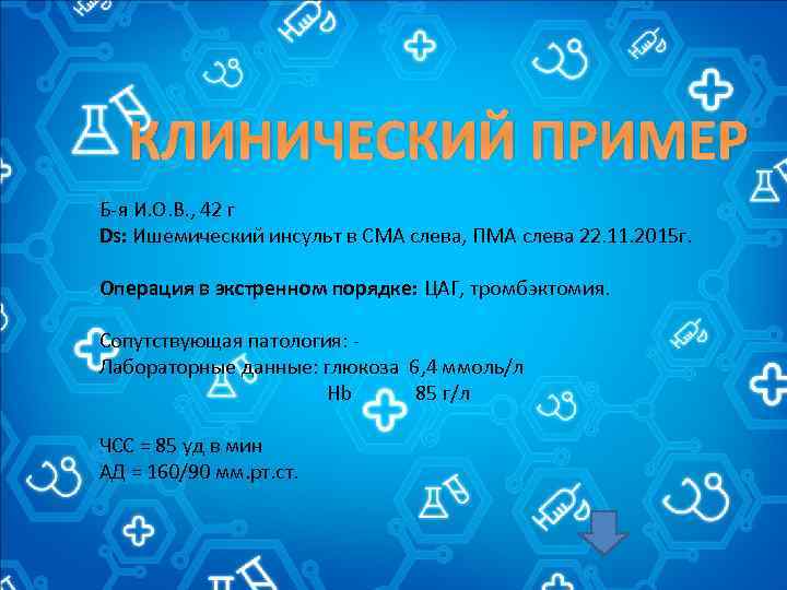 КЛИНИЧЕСКИЙ ПРИМЕР Б-я И. О. В. , 42 г Ds: Ишемический инсульт в СМА