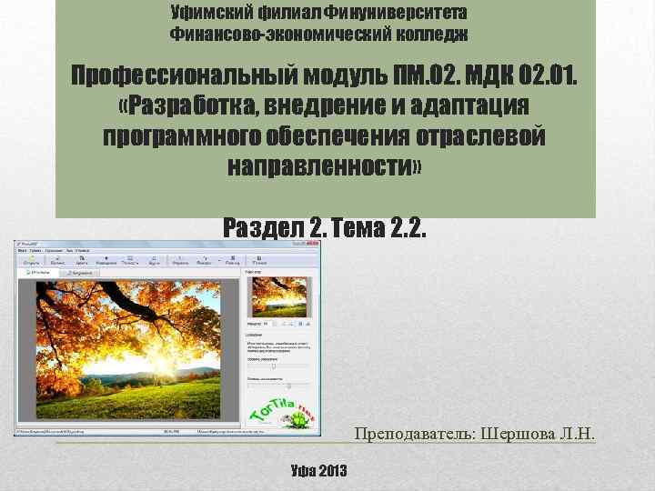 Уфимский филиал Финуниверситета Финансово-экономический колледж Профессиональный модуль ПМ. 02. МДК 02. 01. «Разработка, внедрение