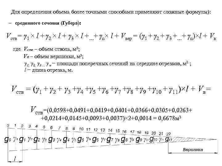 Для определения объема более точными способами применяют сложные формулы): - срединного сечения (Губера): Vств=