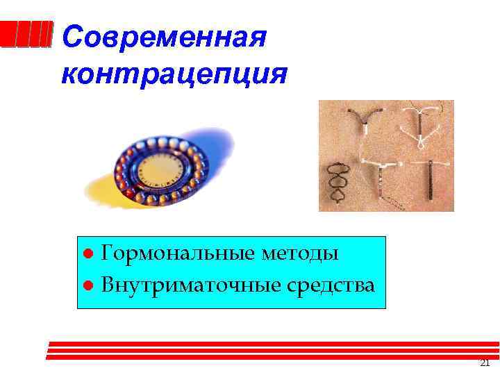 Современная контрацепция Гормональные методы l Внутриматочные средства l 21 