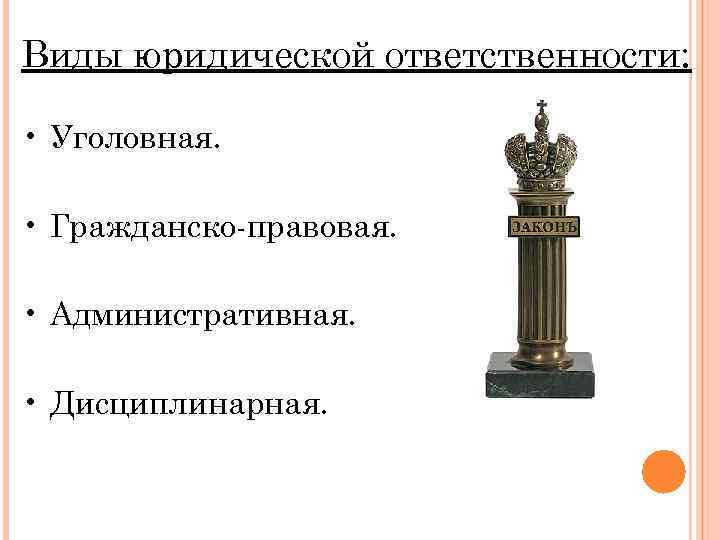 Виды юридической ответственности: • Уголовная. • Гражданско правовая. • Административная. • Дисциплинарная. 