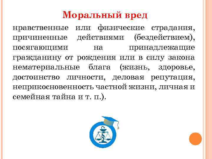 Моральный вред нравственные или физические страдания, причиненные действиями (бездействием), посягающими на принадлежащие гражданину от
