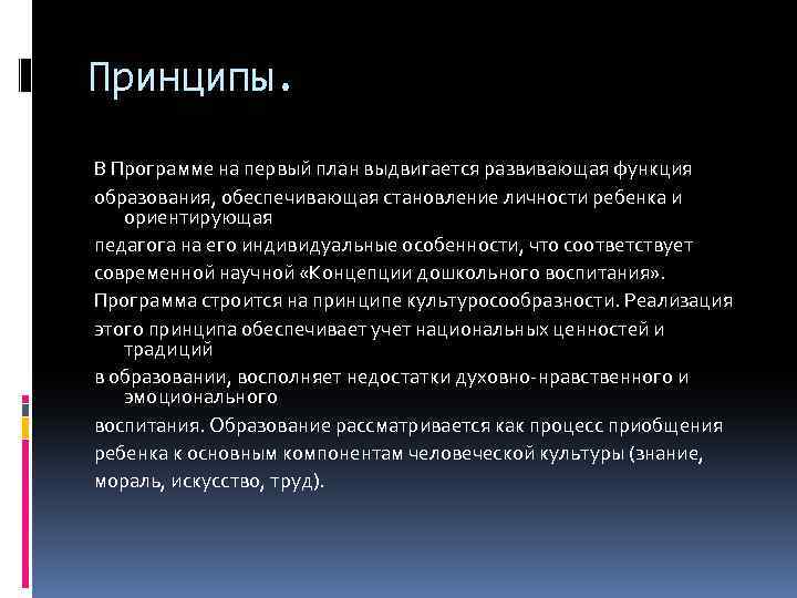 Принципы. В Программе на первый план выдвигается развивающая функция образования, обеспечивающая становление личности ребенка