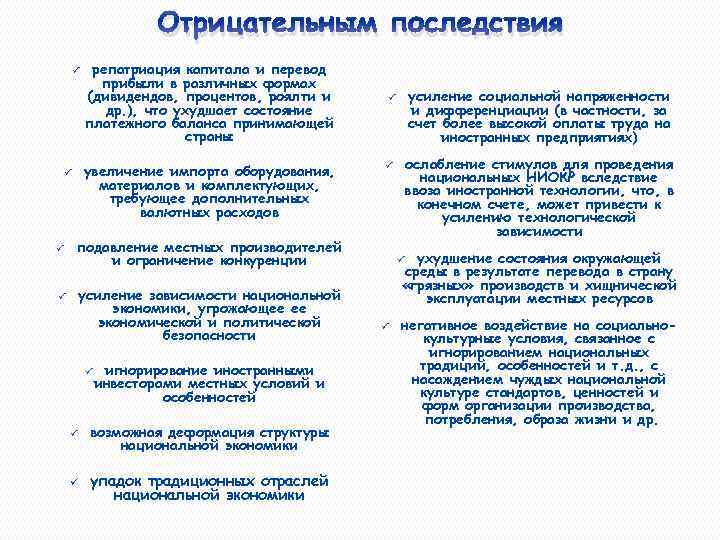 Отрицательным последствия ü увеличение импорта оборудования, материалов и комплектующих, требующее дополнительных валютных расходов ü