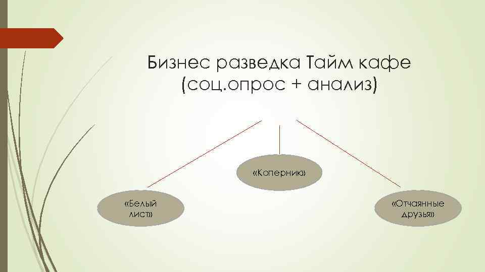 Бизнес разведка Тайм кафе (соц. опрос + анализ) «Коперник» «Белый лист» «Отчаянные друзья» 