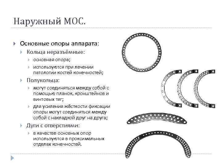 Наружный МОС. Основные опоры аппарата: Кольца неразъёмные: Полукольца: основная опора; используются при лечении патологии