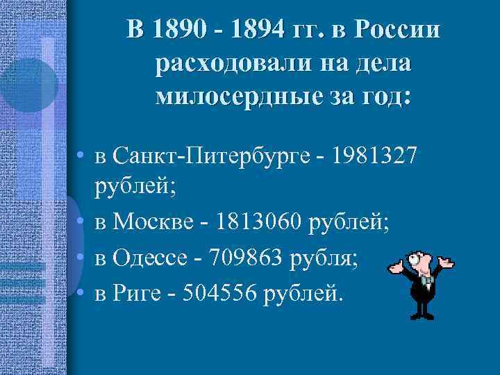 В 1890 - 1894 гг. в России расходовали на дела милосердные за год: •