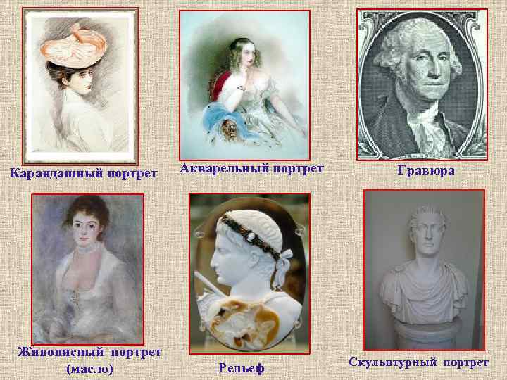 Карандашный портрет Живописный портрет (масло) Акварельный портрет Рельеф Гравюра Скульптурный портрет 