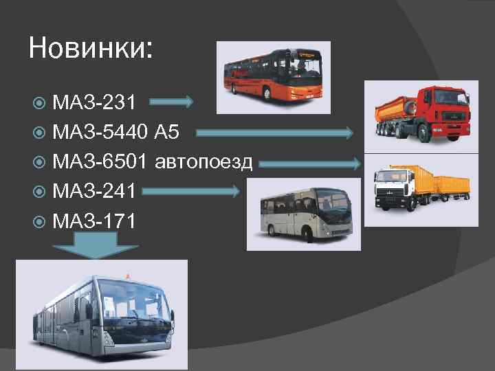 Новинки: МАЗ-231 МАЗ-5440 A 5 МАЗ-6501 автопоезд МАЗ-241 МАЗ-171 