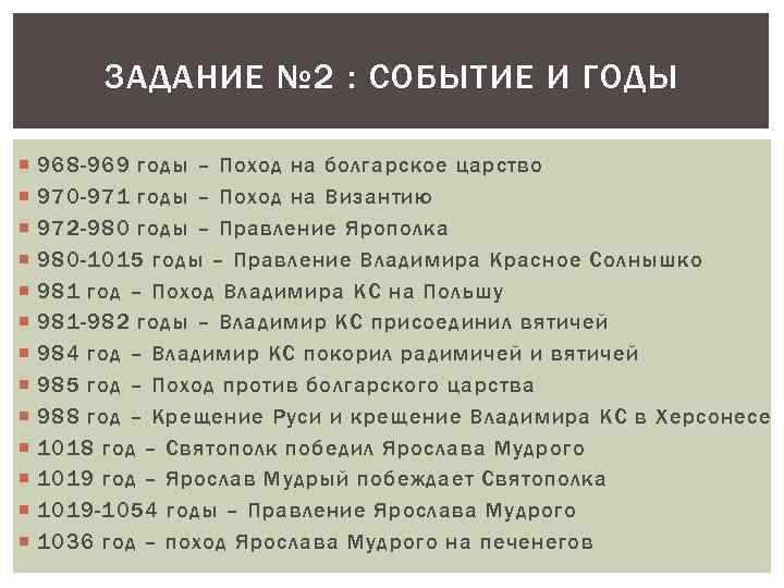 ЗАДАНИЕ № 2 : СОБЫТИЕ И ГОДЫ 968 -969 годы – Поход на болгарское