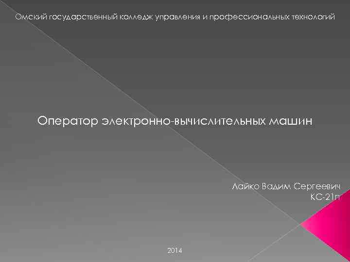 Омский государственный колледж управления и профессиональных технологий Оператор электронно-вычислительных машин Лайко Вадим Сергеевич КС-21