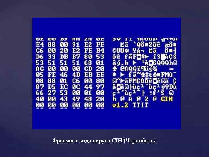 Фрагмент кода программа. Virus.win9x.CIH. Компьютерный вирус CIH. Вирус Чернобыль компьютерный. Компьютерный вирус код.