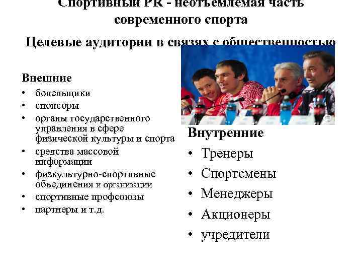 Спортивный PR - неотъемлемая часть современного спорта Целевые аудитории в связях с общественностью Внешние