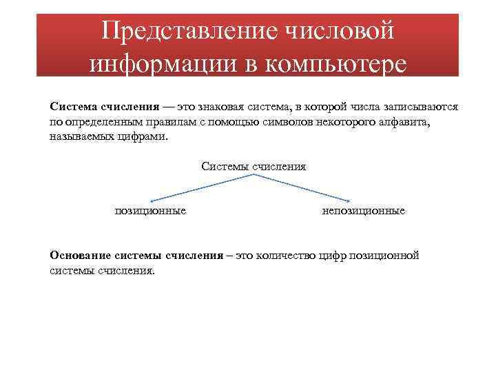 Представление числовой информации в компьютере Система счисления — это знаковая система, в которой числа