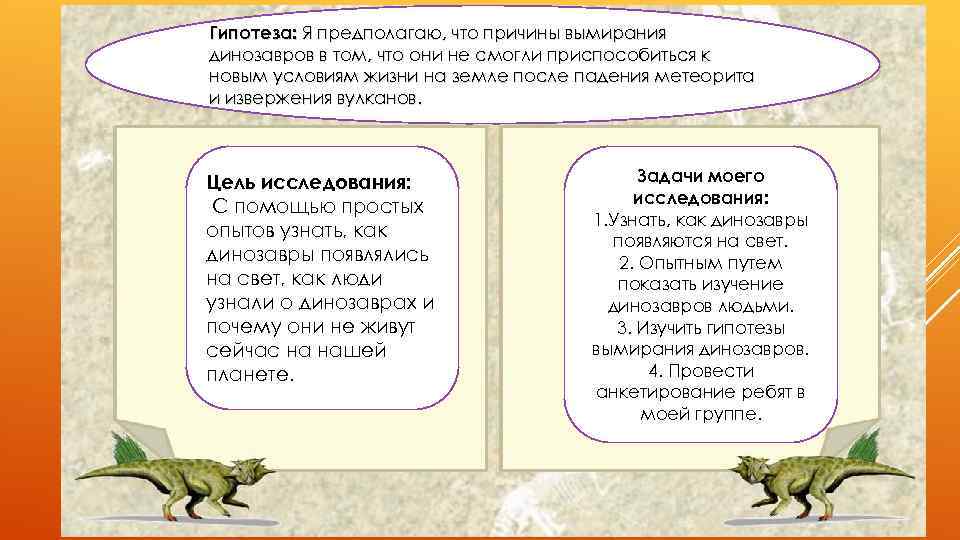 Гипотеза: Я предполагаю, что причины вымирания динозавров в том, что они не смогли приспособиться