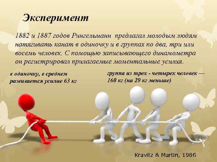 Эксперимент 1882 и 1887 годов Рингельманн предлагал молодым людям натягивать канат в одиночку и