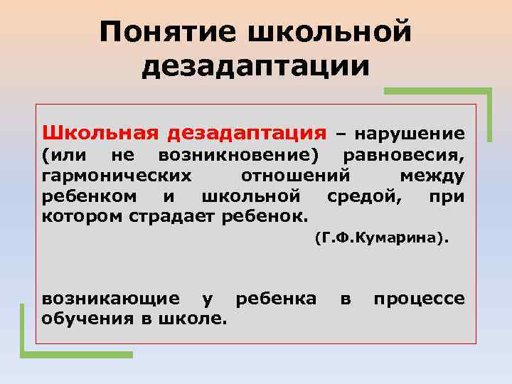 Понятие школьной дезадаптации Школьная дезадаптация – нарушение (или не возникновение) равновесия, гармонических отношений между