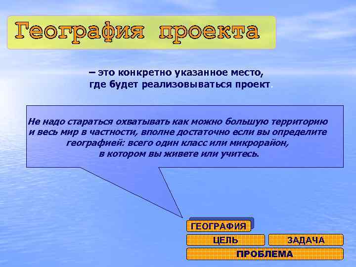 – это конкретно указанное место, где будет реализовываться проект. Не надо стараться охватывать как