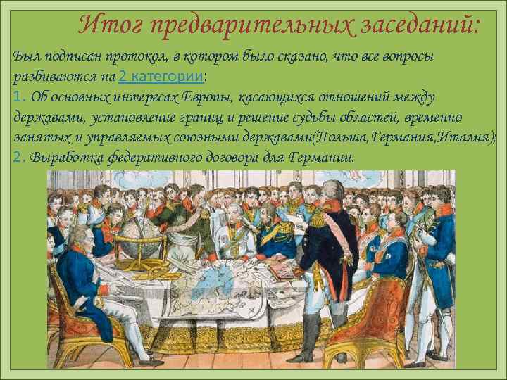 Итог предварительных заседаний: Был подписан протокол, в котором было сказано, что все вопросы разбиваются