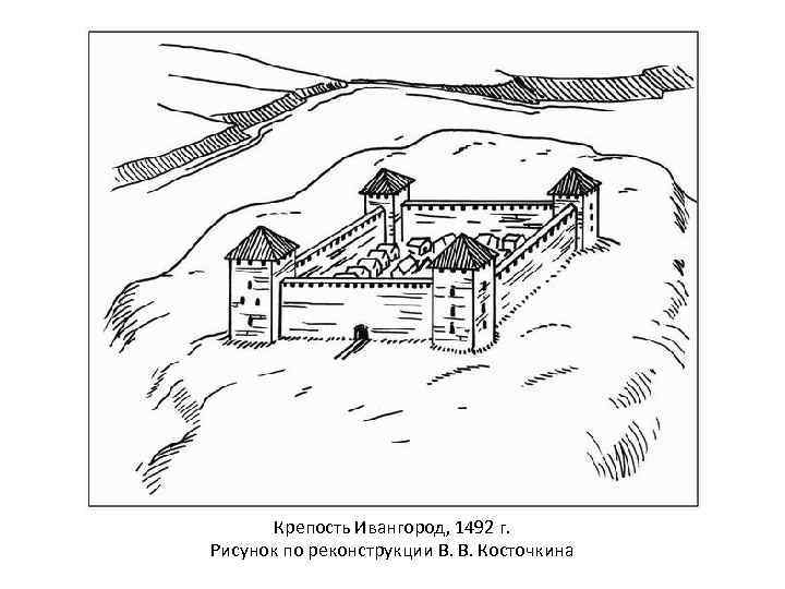 Глубина крепостного рва равна 8 м ширина. Крепость Ивангород, 1492 г. рисунок по реконструкции в. в. Косточкина. Крепость 1492 г., Ивангород. Ивангородская крепость план схема. Ивангородская крепость реконструкция.