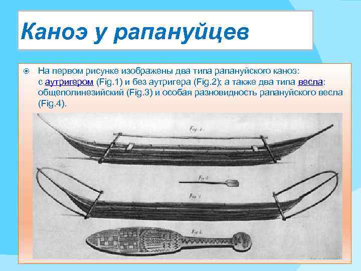 Каноэ у рапануйцев На первом рисунке изображены два типа рапануйского каноэ: с аутригером (Fig.