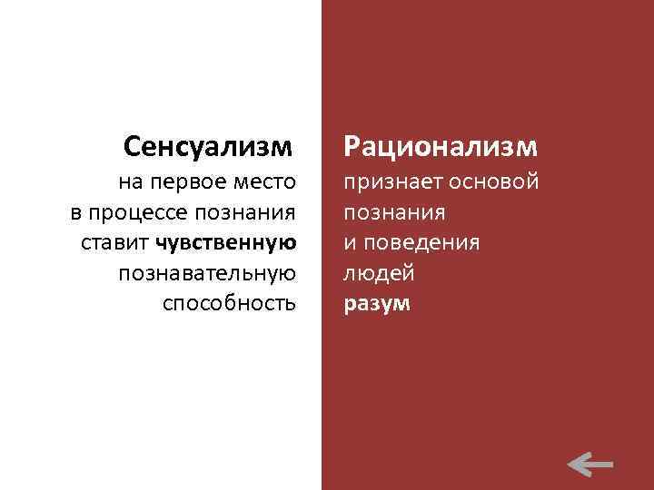 Сенсуализм на первое место в процессе познания ставит чувственную познавательную способность Рационализм признает основой