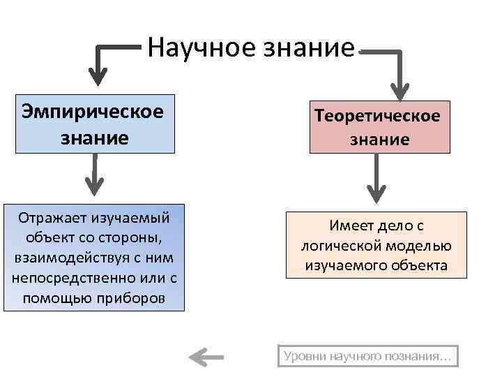 Научное знание Эмпирическое знание Теоретическое знание Отражает изучаемый объект со стороны, взаимодействуя с ним