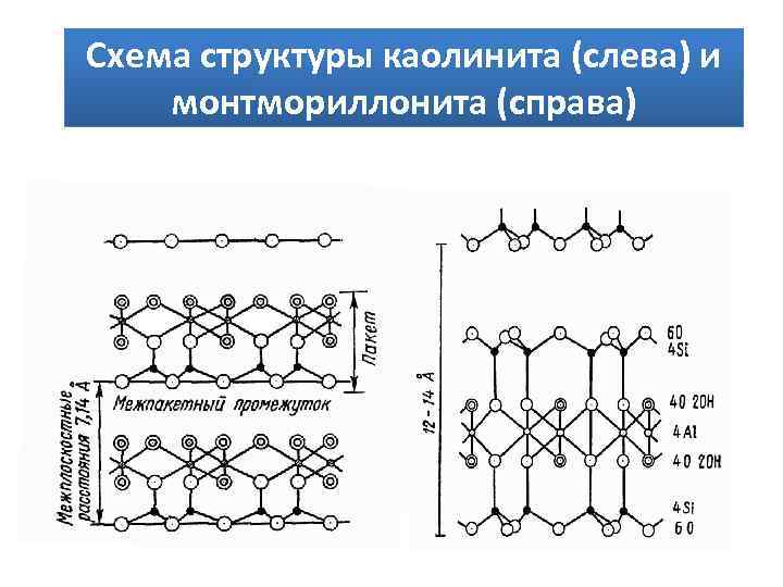 Схема структуры каолинита (слева) и монтмориллонита (справа) 