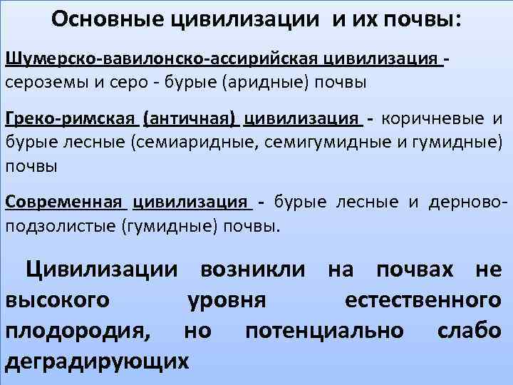 Основные цивилизации и их почвы: Шумерско-вавилонско-ассирийская цивилизация - сероземы и серо - бурые (аридные)